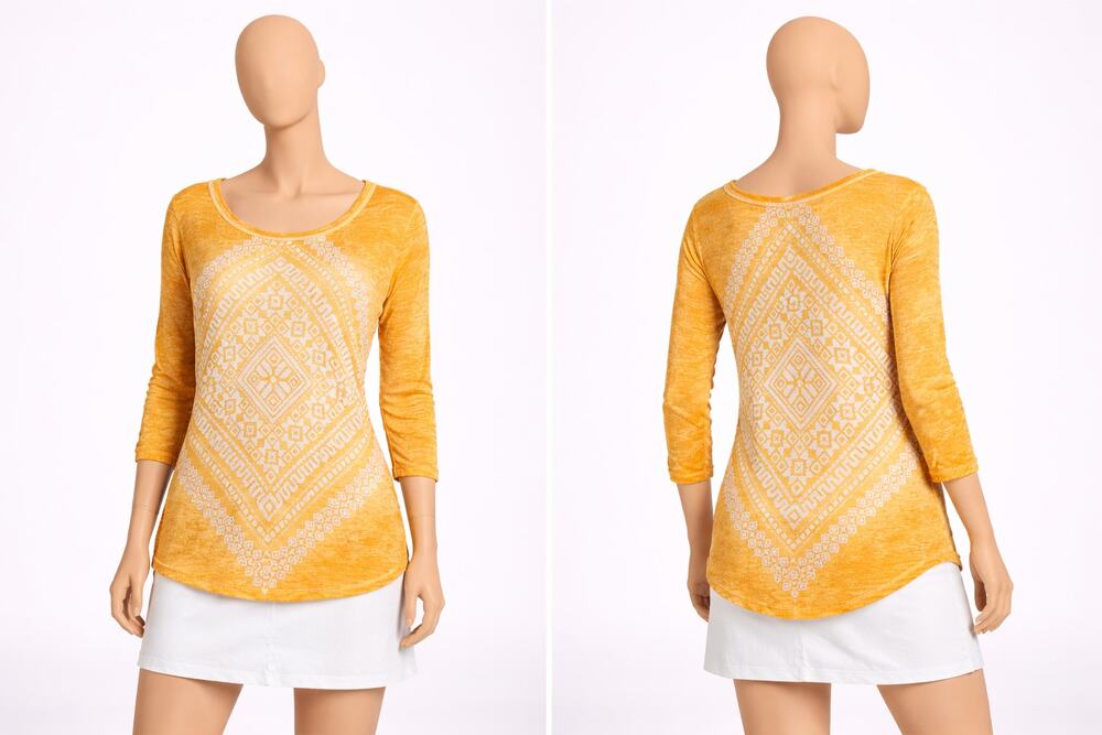 Lucky Brand Boho orange Geometric Print Top Small 3/4 Sleeve Soft festival